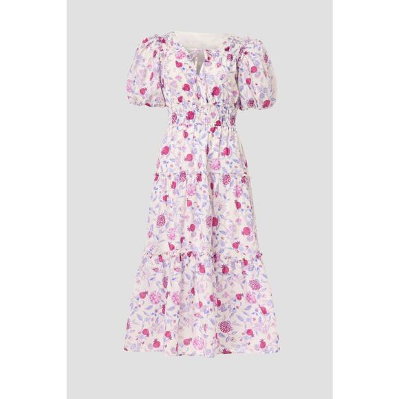 DEREK LAM COLLECTIVE White Purple Pink Floral Smocked Puff Sleeve Dress Size 48 - Picture 4 of 12